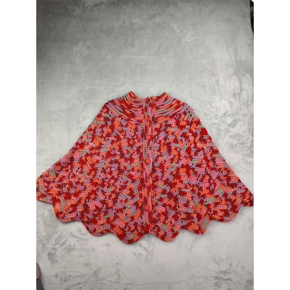 Handmade Crochet Poncho Capelet Multi Color Pink Red Orange Scalloped Edge